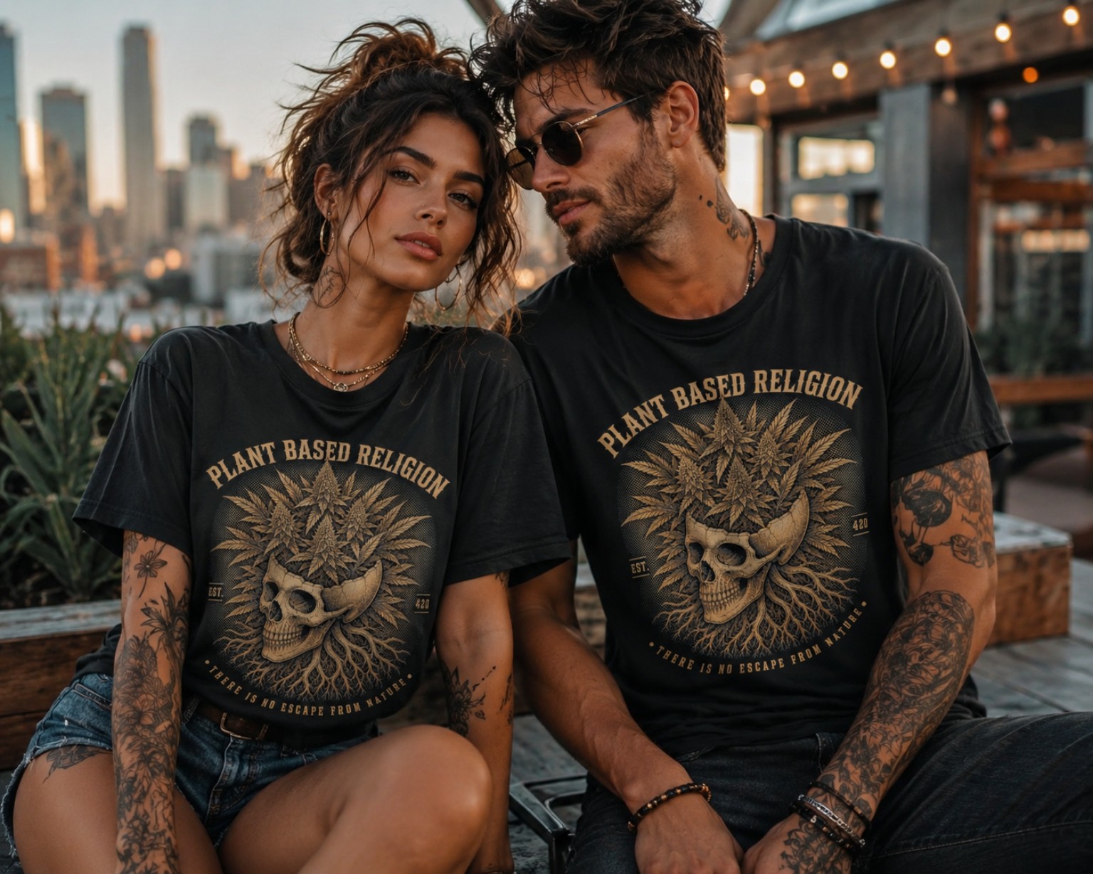 Couple wearing Plant Based Religion shirts on a rooftop